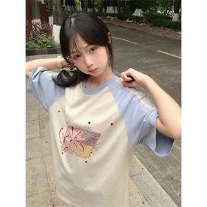 抖音得物品质二开240克宽松纯棉美式潮牌插肩三杠织带短袖T恤图片