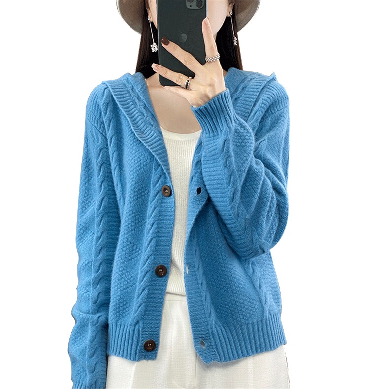 新款帽衫100%纯羊毛针织连帽开衫女秋冬外套羊绒短款毛衣宽松外搭,女装羊毛衫,蒙特羊绒