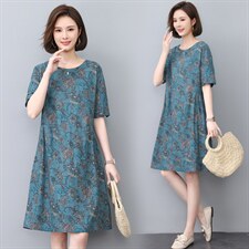 香港新品民族风印花棉质短袖连衣裙女中长宽松遮肚子显瘦，女装连衣裙，涵誉