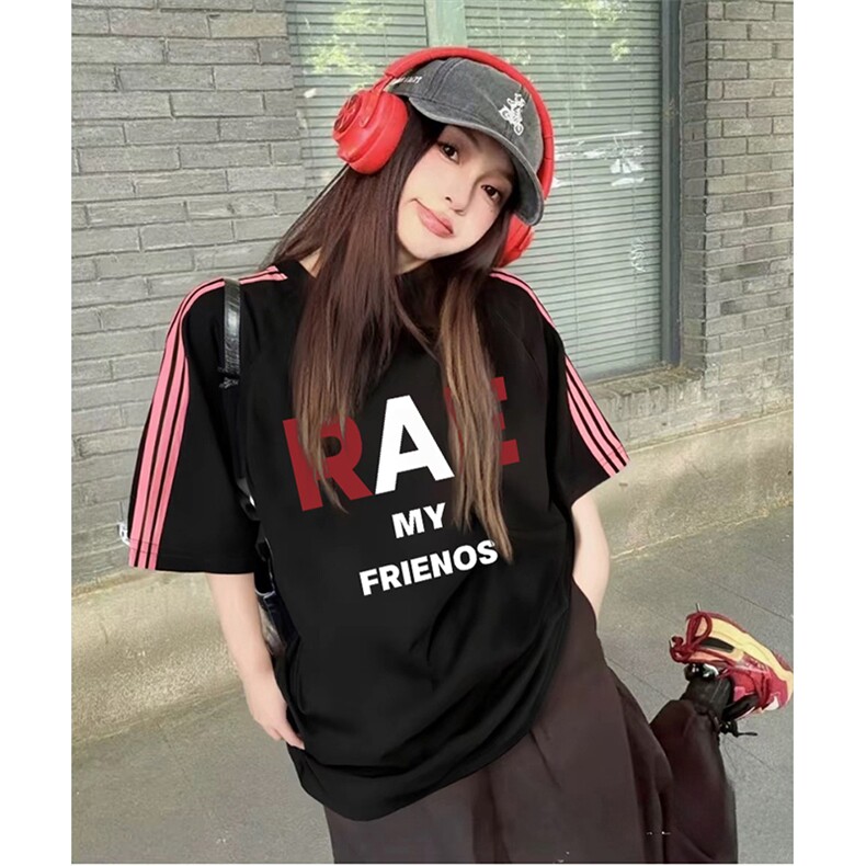 抖音得物品质二开240克宽松纯棉美式潮牌印花三条杠中性风短袖T恤,男装T恤,电商A486-1