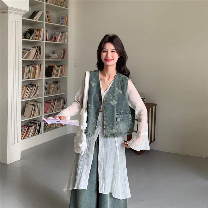 设计感连衣裙打配牛仔马甲套装女春夏季小众阔腿裤三件套减龄,女装套装/套裙,浙宝190