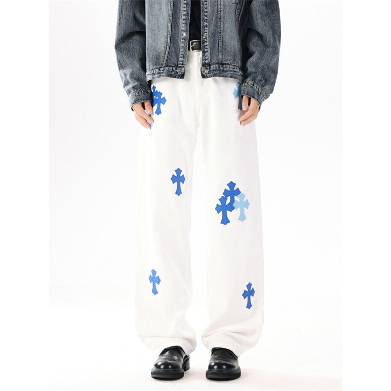美式复古十字架贴皮设计牛仔裤潮流宽松休闲直筒裤，男装皮裤，星座410-6（原星座1304-1）