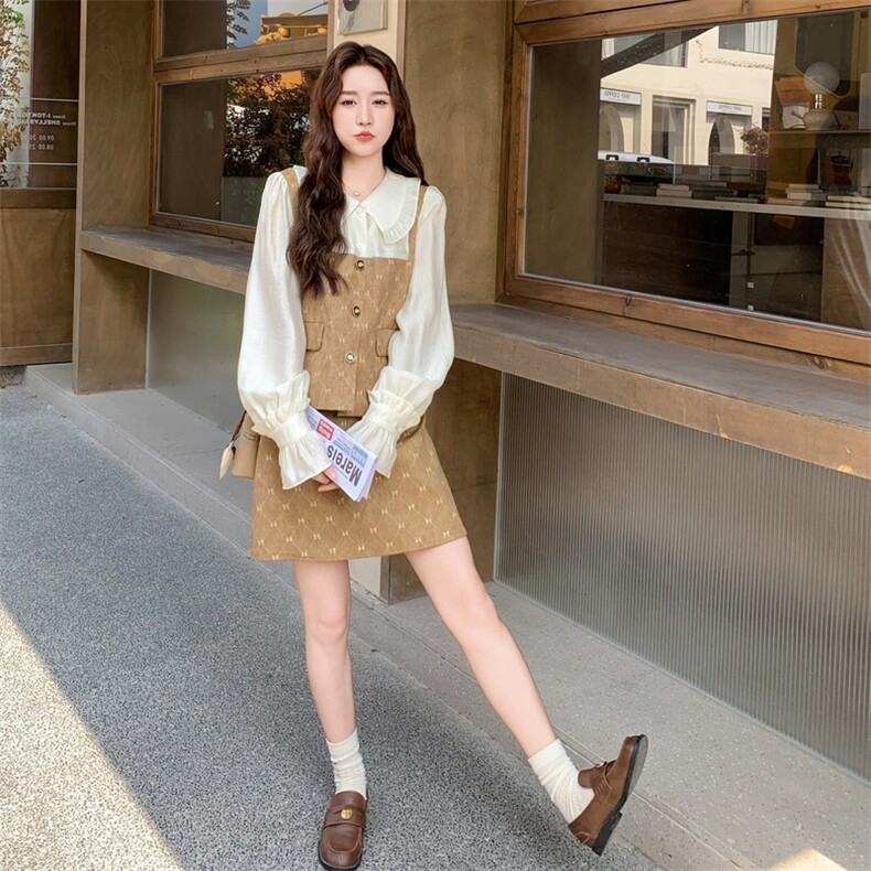 小个子甜美气质套装裙女2025秋季新款设计感假两件上衣短裙两件套,女装套装/套裙,2C032