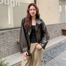 咖色复古美式做旧立领机车皮衣女秋2025新款小个子休闲显瘦短外套，女装皮衣，2C256