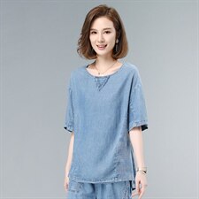 2021夏季新款简约时尚气质圆领拼接水洗牛仔短袖，女装T恤，叶笙衣