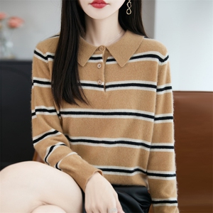 秋冬新款100纯羊毛衫女PoIo领长袖拼色条纹毛衣针织翻领打底上衣图片