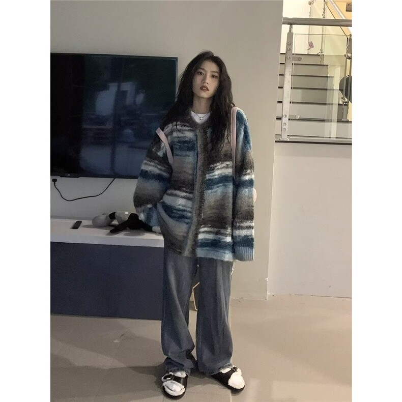 788-P60美式复古彩色条纹撞色开衫毛衣男女慵懒圆领宽松休闲,男装针织衫/毛衣,电商B323A