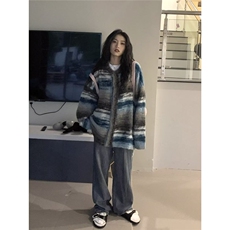 788-P60美式复古彩色条纹撞色开衫毛衣男女慵懒圆领宽松休闲，男装针织衫/毛衣，电商B323A