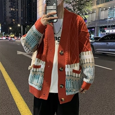 B432P50男装日系复古拼接菱格V领开衫毛衣宽松痞帅潮针织，男装针织衫/毛衣，星座512-6