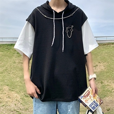 连帽撞色假两件潮流半袖宽松3XL大码个性短袖有送链子T1070-P32，男装T恤，星座512-2