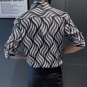 树叶花衬衫男五分袖春秋季痞帅发型师男装斑马纹印花衬衣 CS109图片