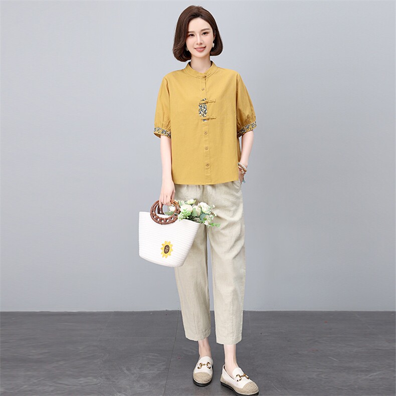 新中式国风刺绣棉麻套装女2025年夏季新款妈妈洋气减龄亚麻两件套,女装套装/套裙,依恋蒂丝