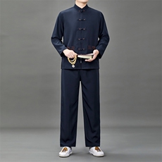 中老年唐装爸爸春装长袖风棉麻套装爷爷老人复古绣花太极服，男装休闲套装，钱塘6003B