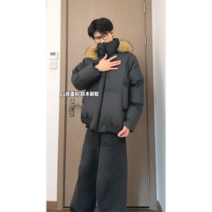 现货三防重磅硬挺boxy短款羽绒棉衣座山雕大毛毛领PU皮棉服外套冬图片