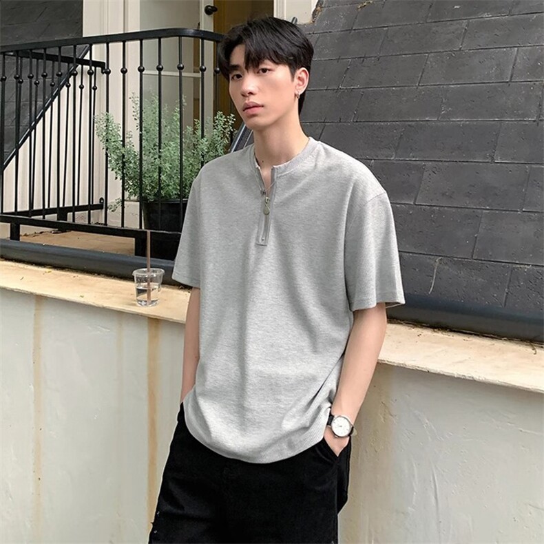 华夫格半拉链短袖T恤潮男亨利领百搭设计感宽松短袖TA331-P36,男装T恤,星座208-5