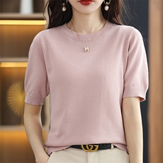 时尚百搭圆领短袖针织衫秋季新款休闲舒适女装毛衣，女装针织衫/毛衣，凝珊羊绒