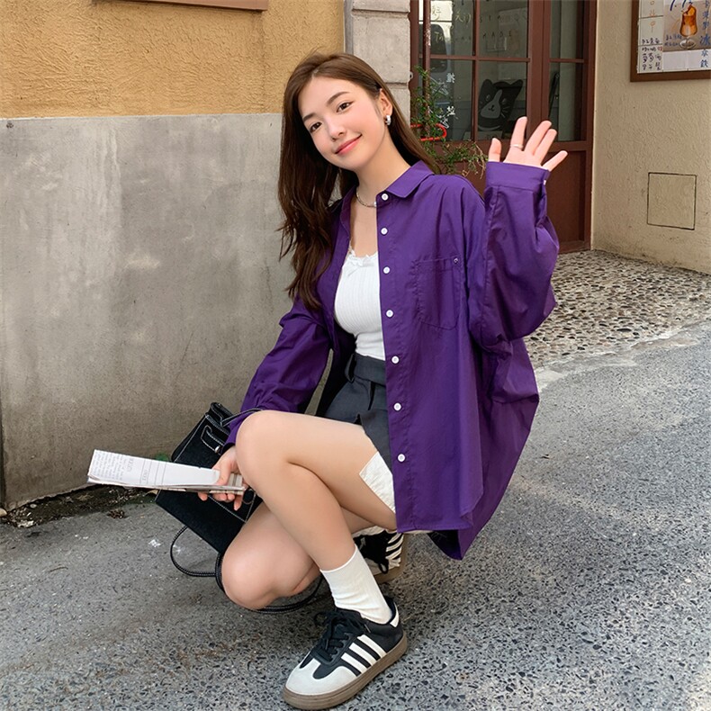 紫色宽松衬衫女休闲大版气质学生上衣小个子外套,女装衬衫,梦懿尔