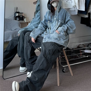 蓝色连帽牛仔外套男女高街vibe潮痞帅连帽工装外套 J3523-P80图片