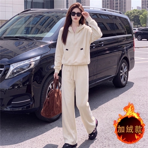 时尚运动风加绒套装女秋冬高级感加厚连帽卫衣高腰阔腿长裤两件套图片