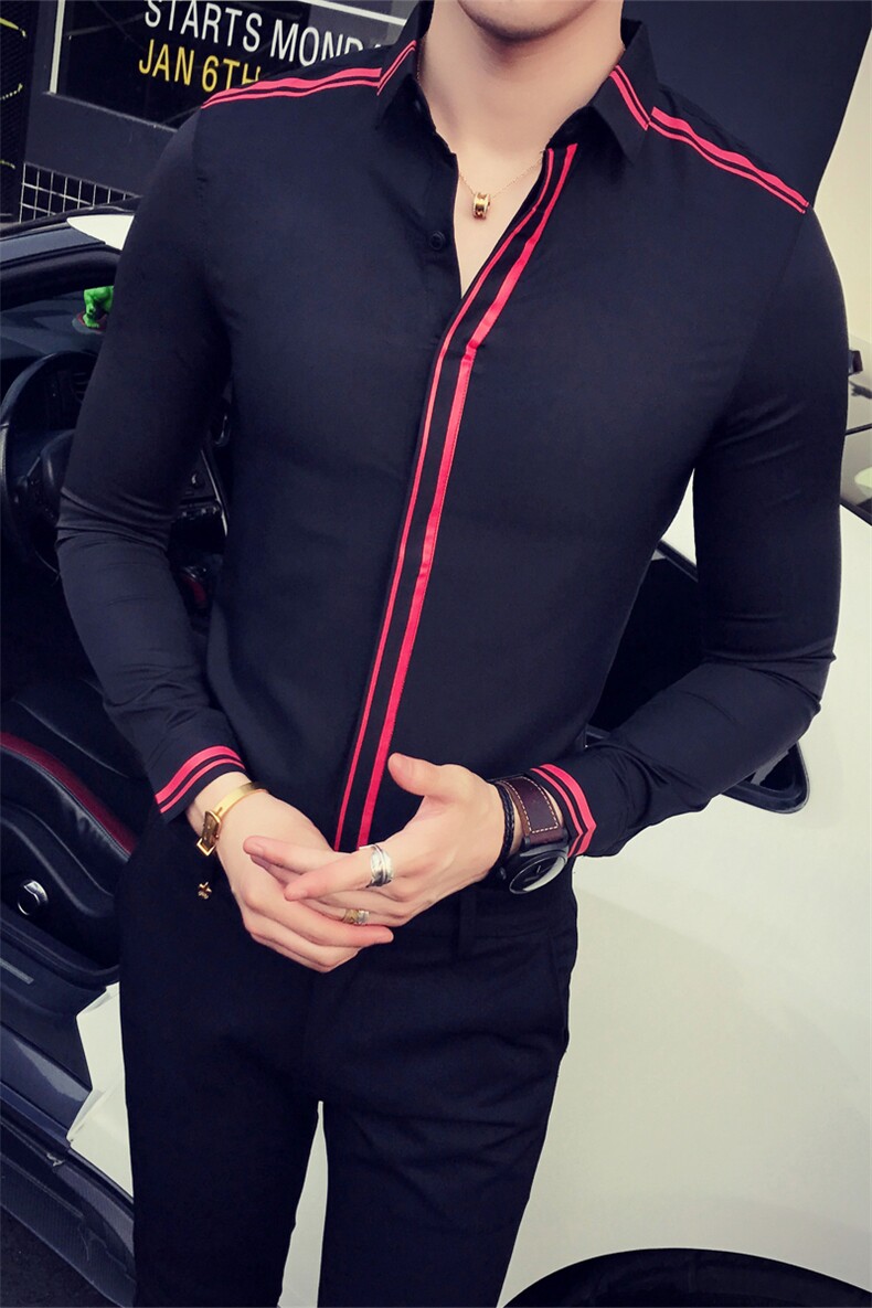 印花青年修身型休闲长袖四季青春流行潮2021年尖领条纹衬衫,男装衬衫,星座419（原A233）