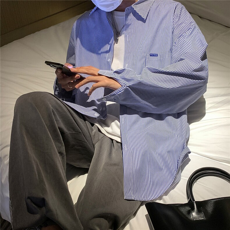 宝蓝色条纹衬衫男长袖春秋款宽松衬衣日系港风外套CS71745图片