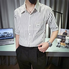 条纹短袖衬衫男夏季轻熟风痞帅正装修身薄款七分袖上衣CS617，男装T恤，星座1116A-2（原606A-1）