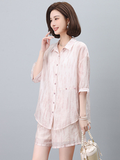 夏季冰丝套装女2024新款高端夏装妈妈天丝洋气时尚短裤两件套，女装套装/套裙，希欧阁