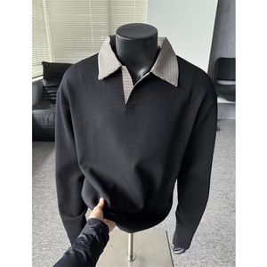 千鸟格拼接polo领洛卡抗皱内搭长袖t恤男老钱风打底衫 特P28图片