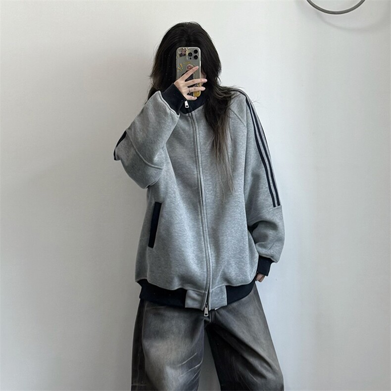 抖音得物高品质美式高街重磅结构设计拼接织带立领卫衣外套CM42,女装短外套,电商A486-1