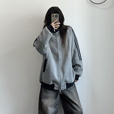 抖音得物高品质美式高街重磅结构设计拼接织带立领卫衣外套CM42，女装短外套，电商A486-1