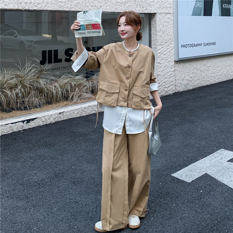 条纹拼接假两件外套直筒裤两件套2025秋季新款韩系卡其色淡人套装,女装套装/套裙,2C093