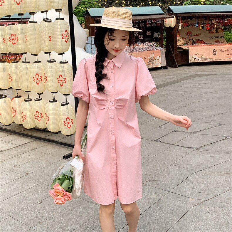 【现货】主推韩系粉色衬衫裙新款夏季短袖小个子连衣裙,女装连衣裙,韩秀
