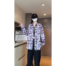 现货早秋高街做旧紫格子长袖衬衫女扎染衬衣外套男C18-P50-控78，男装衬衫，星座205-5