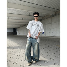 25手绘刷色银色手绘男士印花垫肩T恤DX202-P68，男装T恤，电商B288