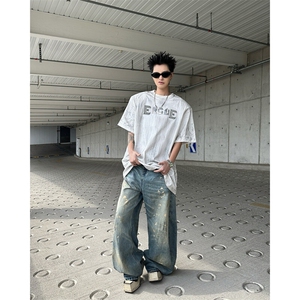 25手绘刷色银色手绘男士印花垫肩T恤DX202-P68图片