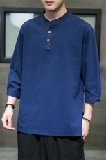 2025夏季新款风棉麻男装大码纯色短袖t恤男复古上衣T064-P45，男装T恤，电商A008