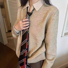 重磅北极绒假两件衬衫领毛衣美式高街复古休闲慵懒纯色翻领针织衫，男装针织衫/毛衣，电商A486-1