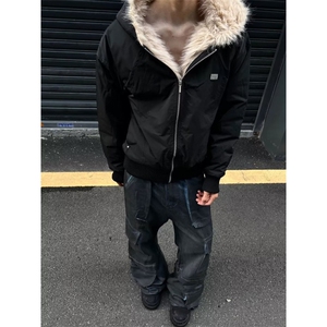 拉链新款青少年潮文艺潮流毛领连帽棉服宽松短款外套简约日系印花图片
