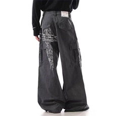 黑色水洗十字架印花工装牛仔裤轻奢小众炸街裤子baggy美式直筒裤，男装牛仔裤，星座302B