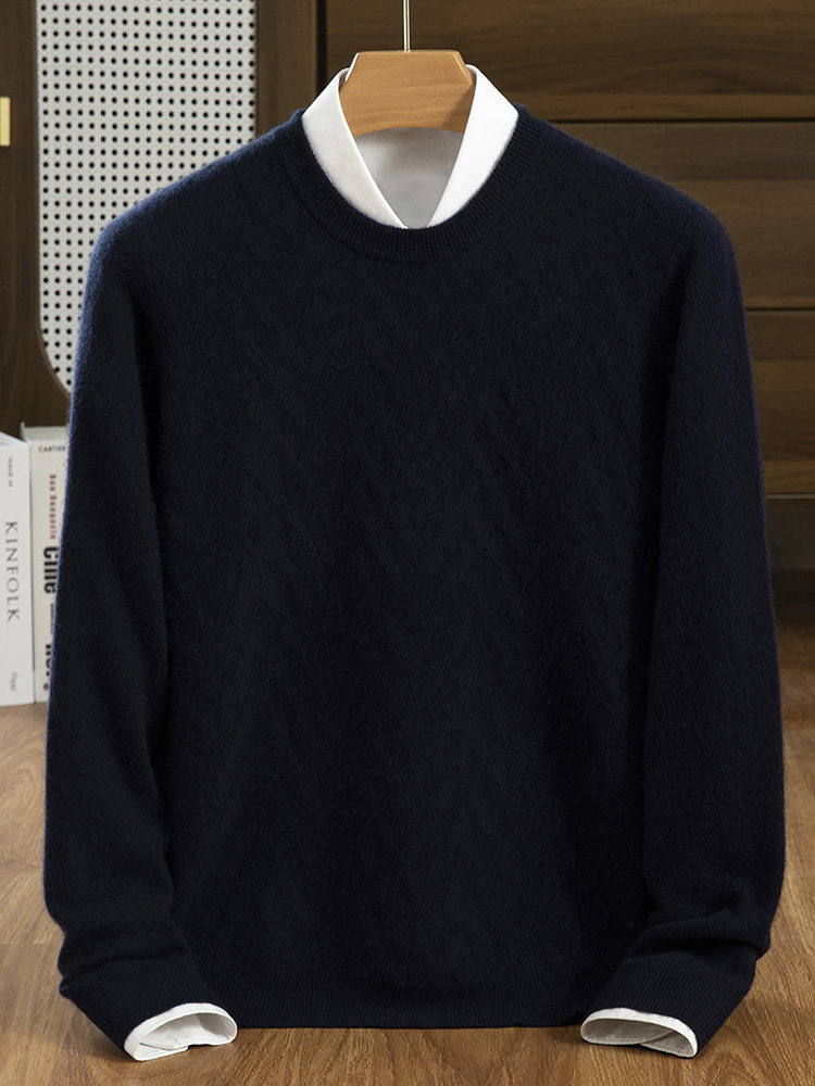 男羊绒圆领套头毛衣秋季新款保暖舒适针织衫经典百搭商务休闲款，男装羊绒套衫，隆格羊绒