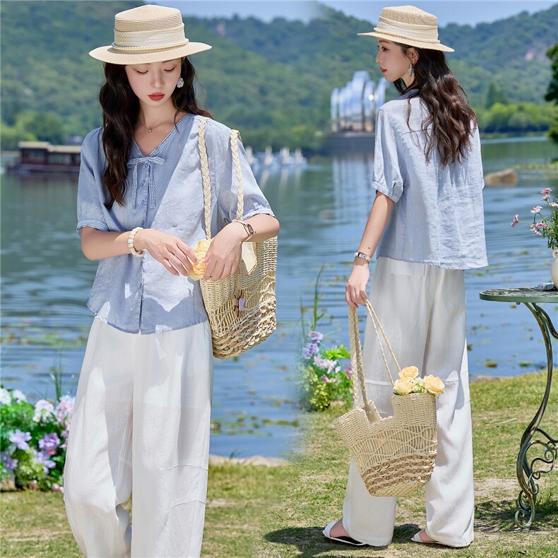 亚麻套装女2026夏季新款套装女蕾丝领带宽松上衣气质透气休闲裤，女装套装/套裙，梦懿尔