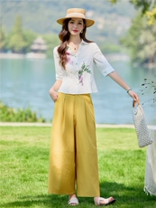 轻熟风时尚小翻领衬衫套装女2026夏气质绣花上衣阔腿裤两件套，女装套装/套裙，水衣源