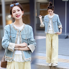 重工轻奢蕾丝拼接短款牛仔外套女2026春秋新款小香风名媛减龄百搭，女装牛仔外套，星宇服饰