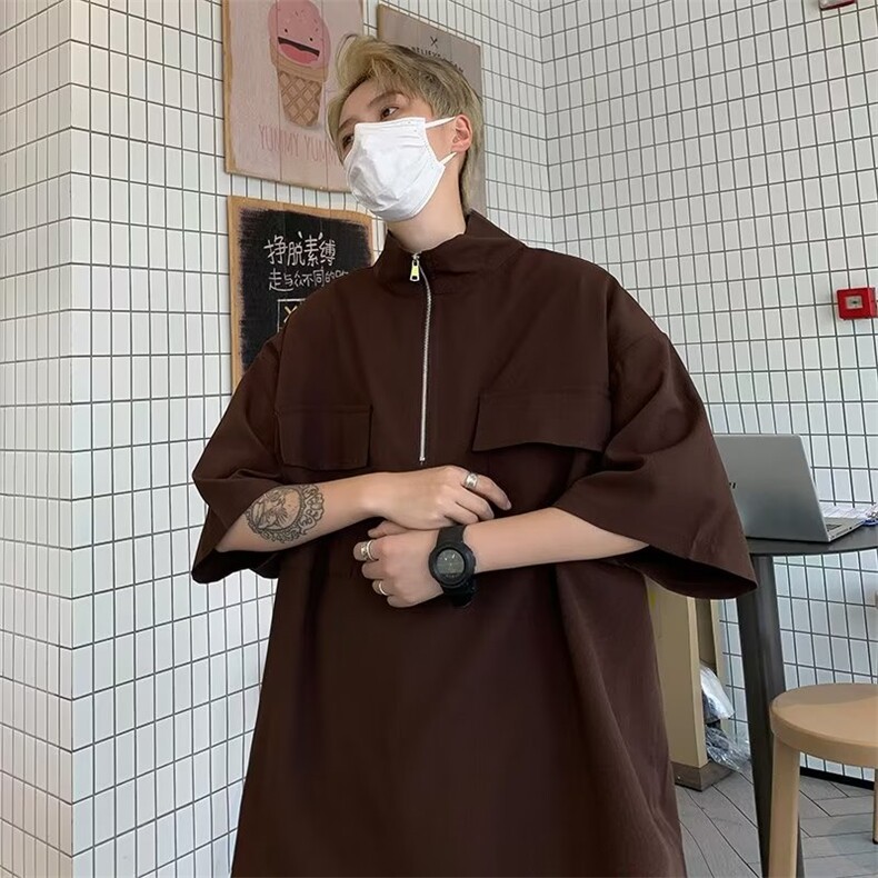 高级感半拉链短袖男款日式复古口袋设计衬衫P32,男装衬衫,星座1116-2