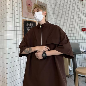 高级感半拉链短袖男款日式复古口袋设计衬衫 P32图片