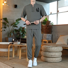 男士夏季冰丝短袖复古风唐装汉服中式居士服风套装ZT2301-P78，男装T恤，星座1105-3
