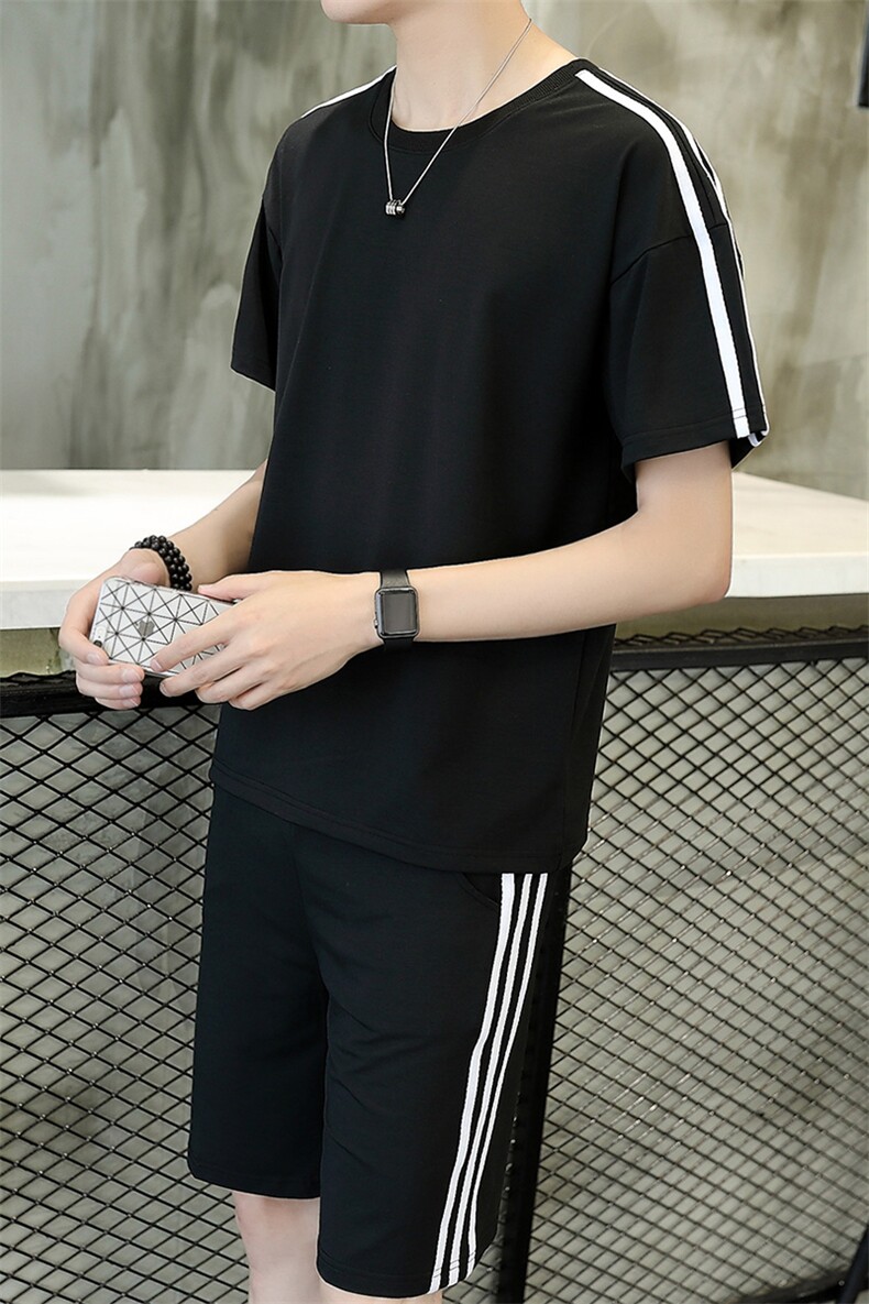 夏季薄款运动宽松青少年青春流行青春活力2021年插肩袖圆领条纹套装,男装休闲套装,电商A441