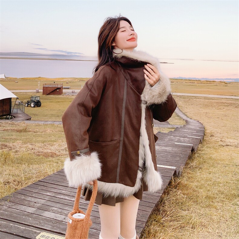 咖色美拉德穿搭复古毛绒拼接外套女2025冬季新款加厚保暖皮毛一体,女装棉衣/棉服,2B188