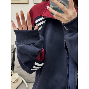 抖音得物高品质重磅26春装美式高街重磅织带拼接撞色立领卫衣外潮图片