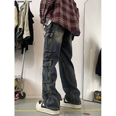 日系工装牛仔裤男春秋新款水洗做旧阔腿裤美式复古宽松休闲长裤子，男装牛仔裤，星座613